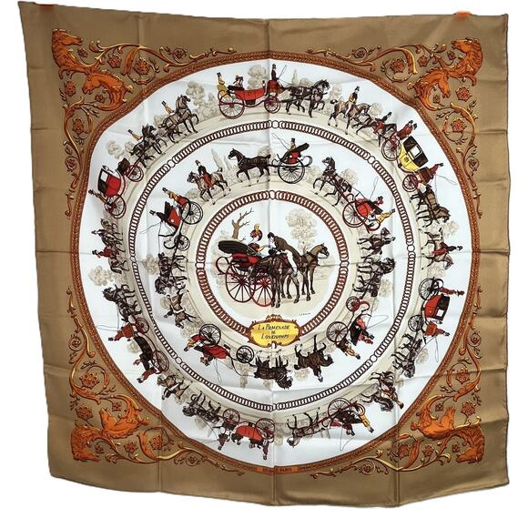 Hermes Silk Square Scarf Carre 90 Brown La Promenade de Longchamps 34-1/4" w/Box - Picture 1 of 16